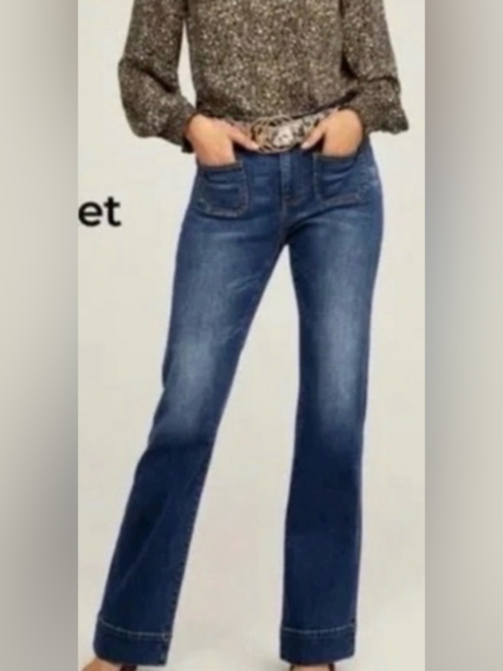 CAbi Patch Pocket flattering long line mid rise slight flare jean. EUC.